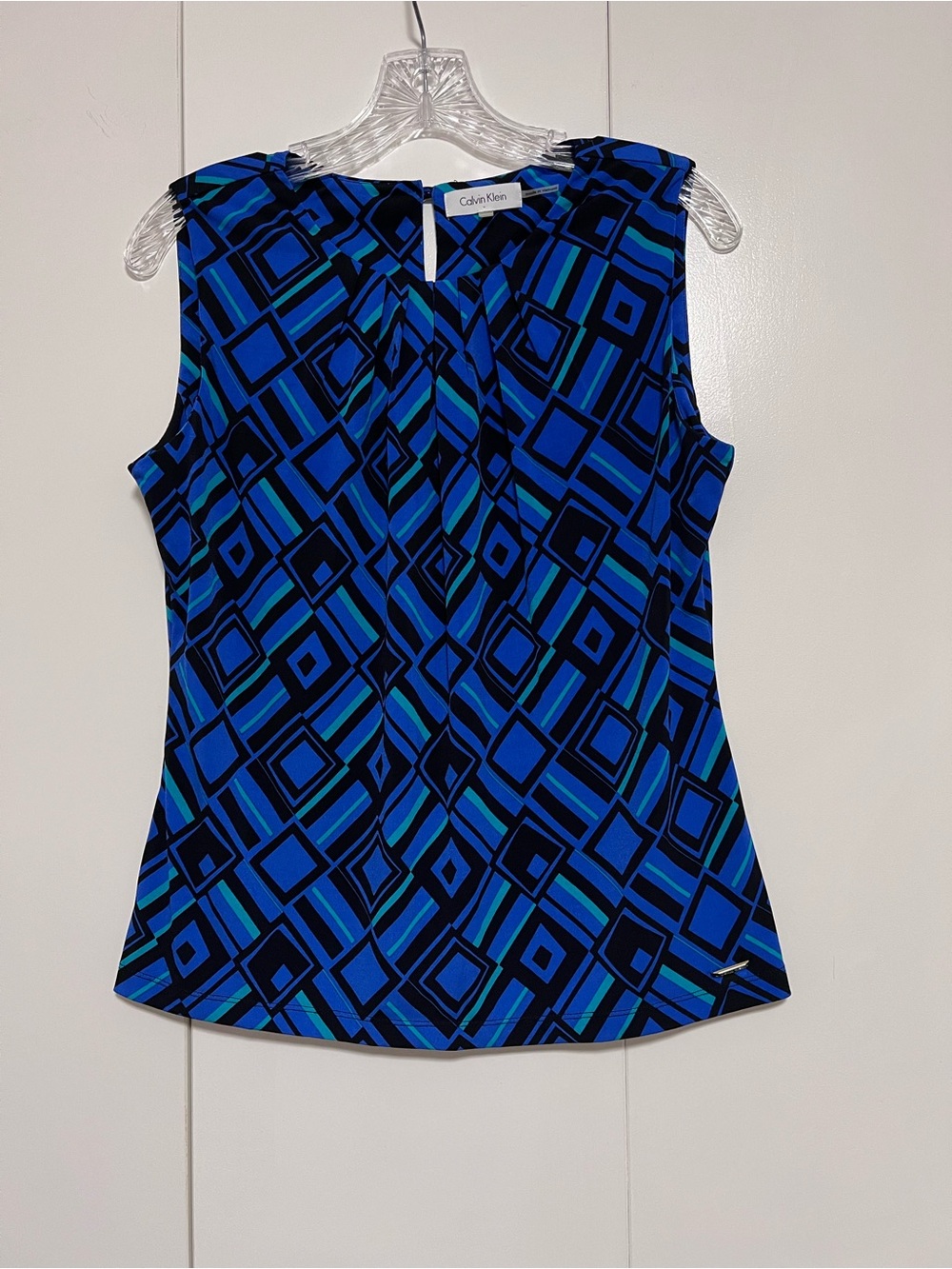 Calvin Klein Blue & Black Geometric Print Sleeveless Blouse M Pleated Neckline